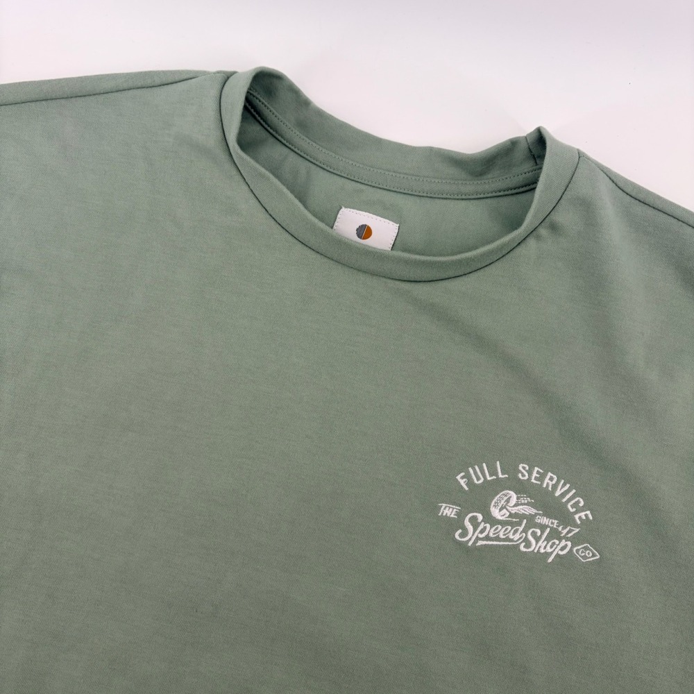 Lark & Owl Mens Large Sage Green The‎ Speed Shop Embroidered Graphic T-Shirt